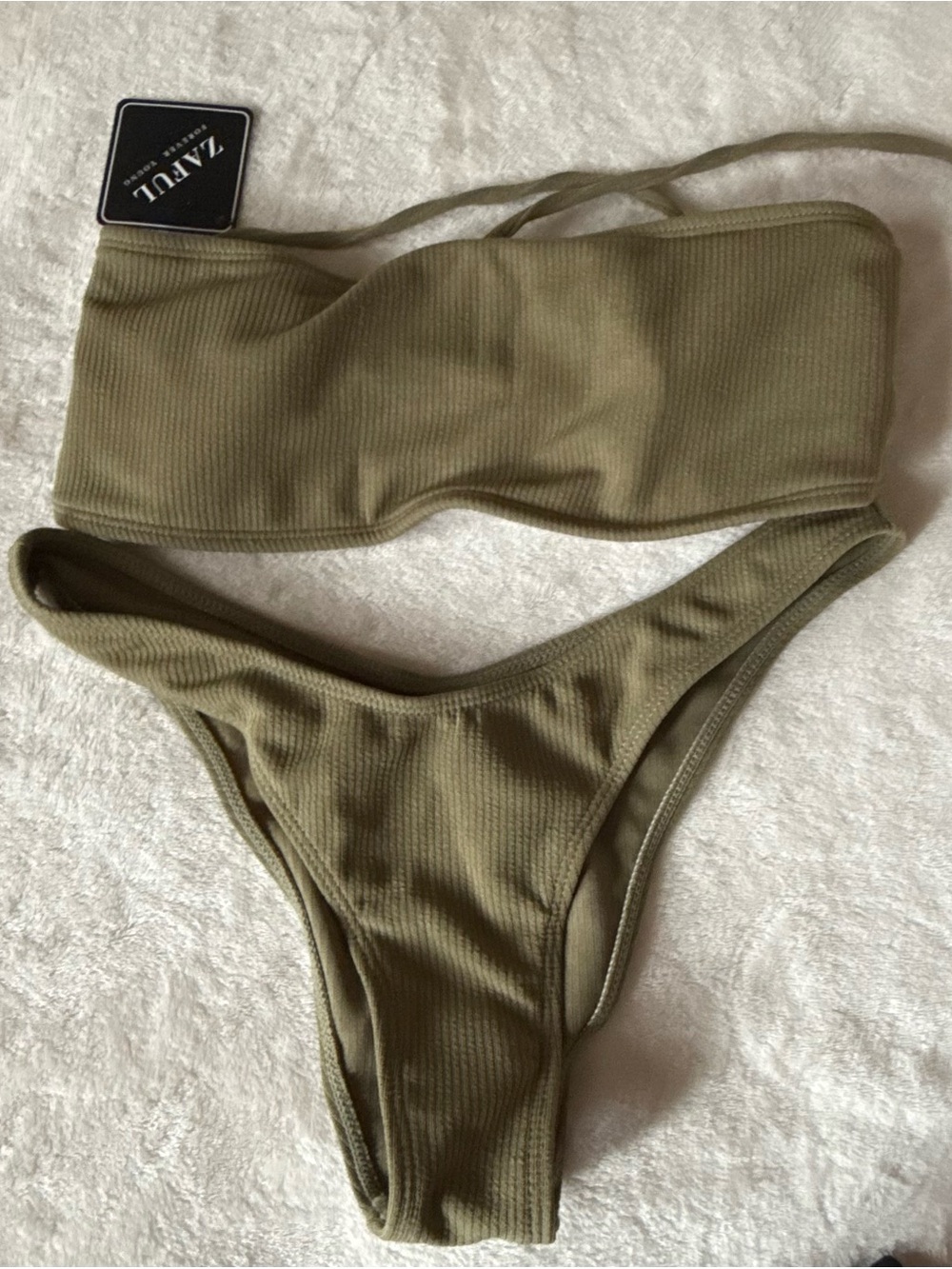 Zaful Olive Ribbed Strapless Bikini Set